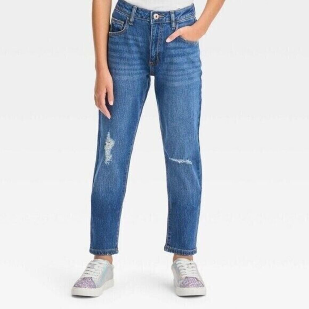 Art Class Sz 10 Girls High-Rise Tapered Cropped Jeans Medium Wash Distressed EUC